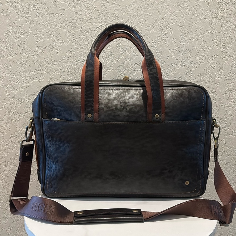 MCM Black Leather Briefcase-Style Backpack with Brown Handles